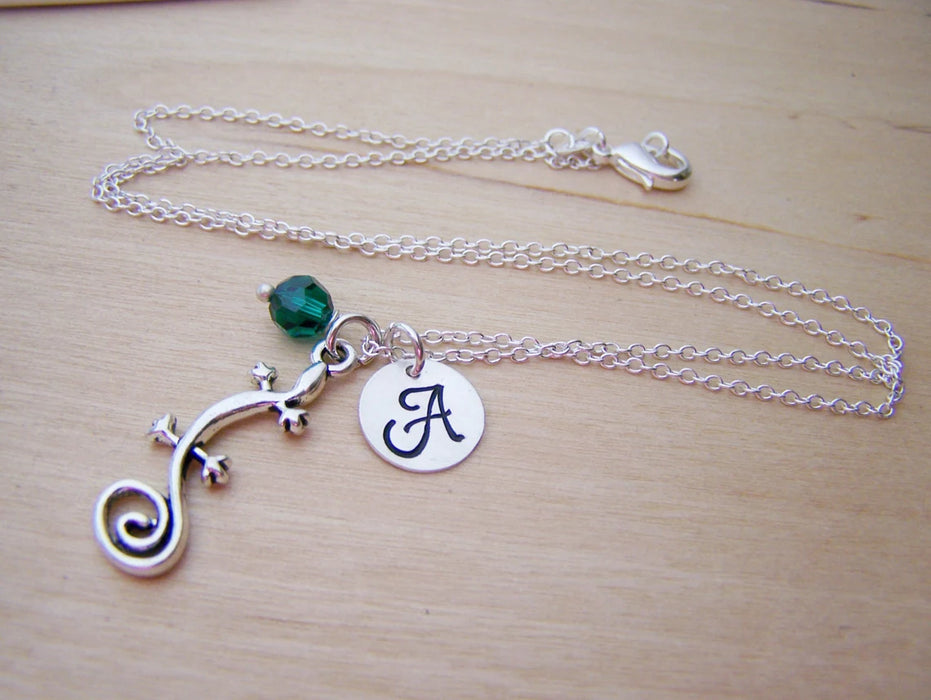 Personalized Gecko Necklace – Sterling Silver Chain with Birthstone & Initial