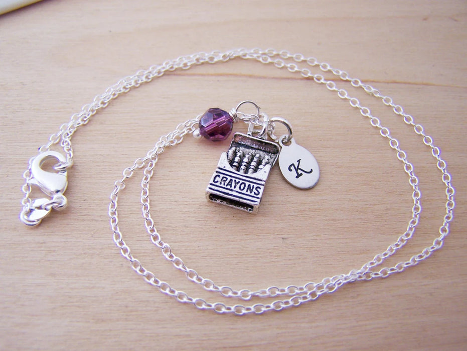 Personalized Crayon Necklace – Sterling Silver Chain with Birthstone & Initial