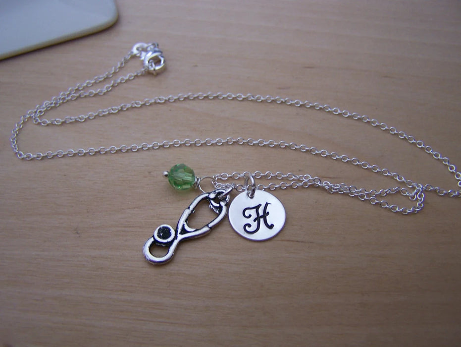 Stethoscope Necklace – Sterling Silver with Birthstone & Initial Charm