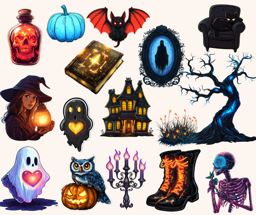Spooky Glow Watercolor Clipart Bundle – 134 PNGs, 300 DPI, Commercial License