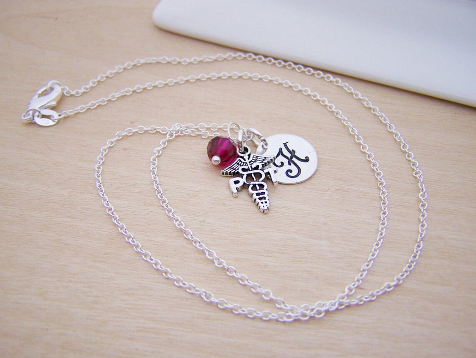 Physical Therapist Necklace – Sterling Silver with Birthstone & Initial Charm