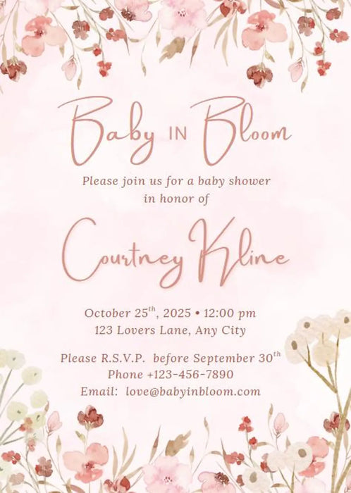 Printable floral baby shower invitation featuring colorful wildflowers