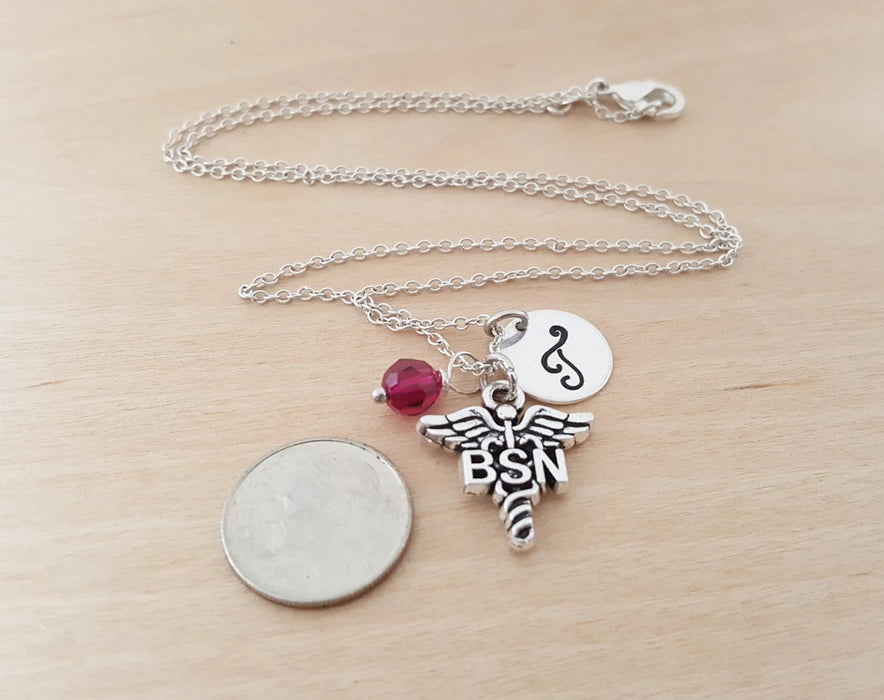 Personalized BSN Nurse Necklace – Sterling Silver Chain with Birthstone & Initial