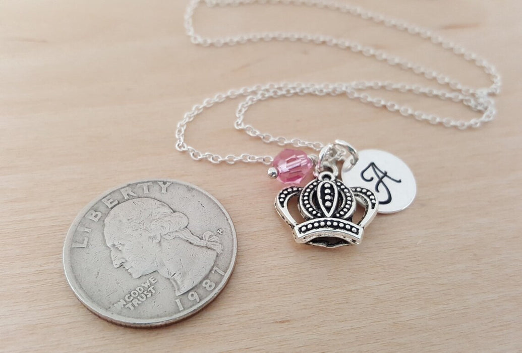 Crown Necklace – Sterling Silver with Birthstone & Initial Charm