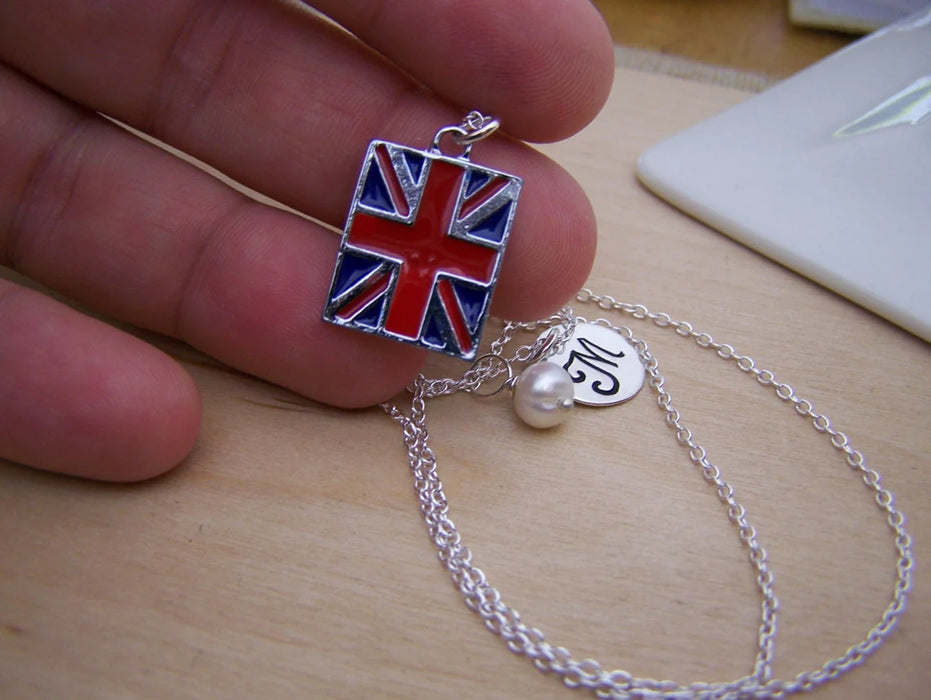 Union Jack Necklace – Sterling Silver with Birthstone & Initial Charm