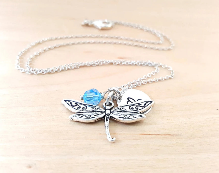 Personalized Dragonfly Necklace – Sterling Silver Chain with Birthstone & Initial