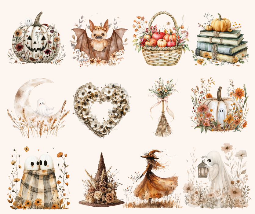 Boho Halloween Watercolor Clipart Bundle – 107 PNGs, 300 DPI, Commercial License