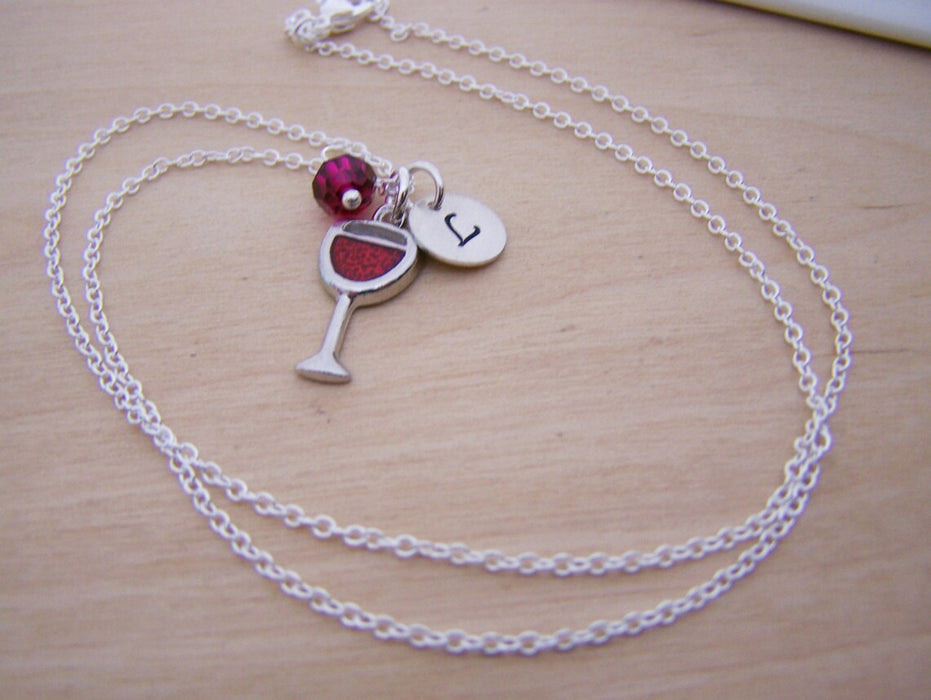 Glass of Wine Necklace – Sterling Silver with Birthstone & Initial Charm