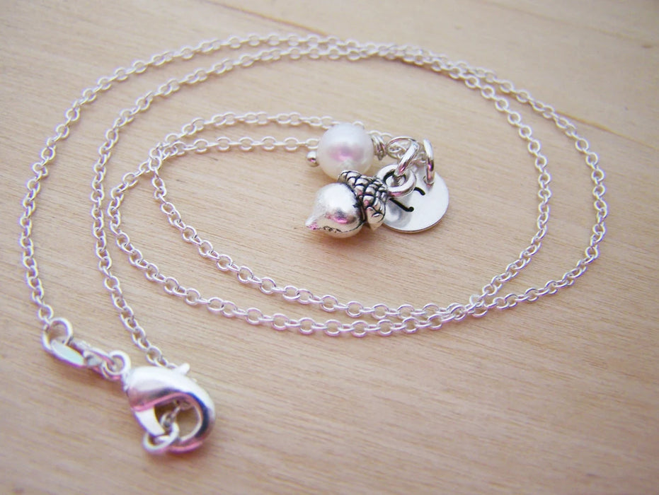 Tiny Acorn Necklace – Sterling Silver with Birthstone & Initial Charm