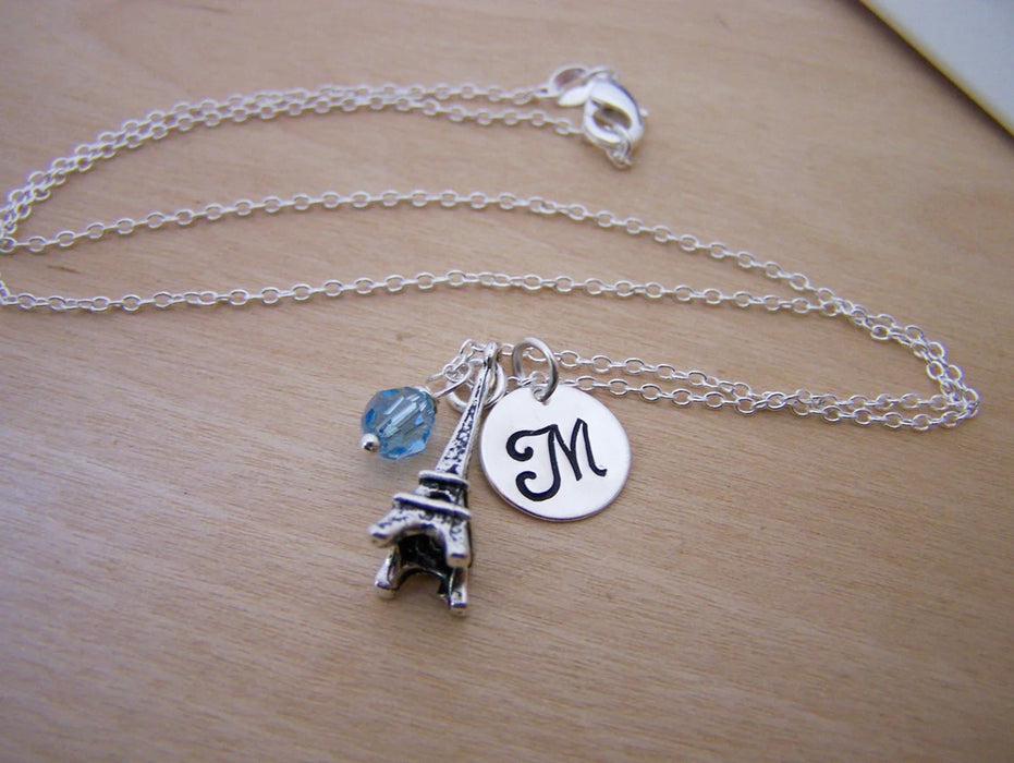 Eiffel Tower Necklace – Sterling Silver with Birthstone & Initial Charm