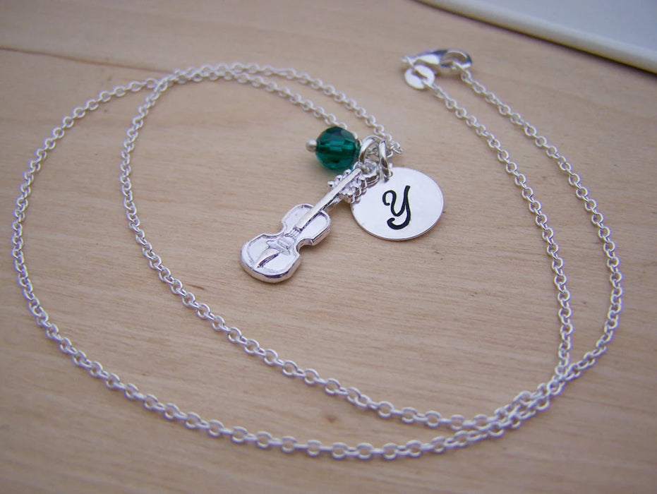 Personalized Violin Necklace – Sterling Silver with Birthstone & Initial Charm