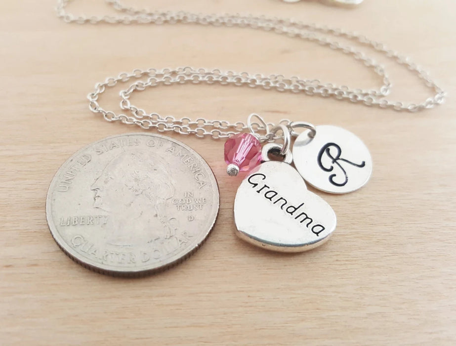 Grandma Necklace – Sterling Silver with Birthstone & Initial Charm