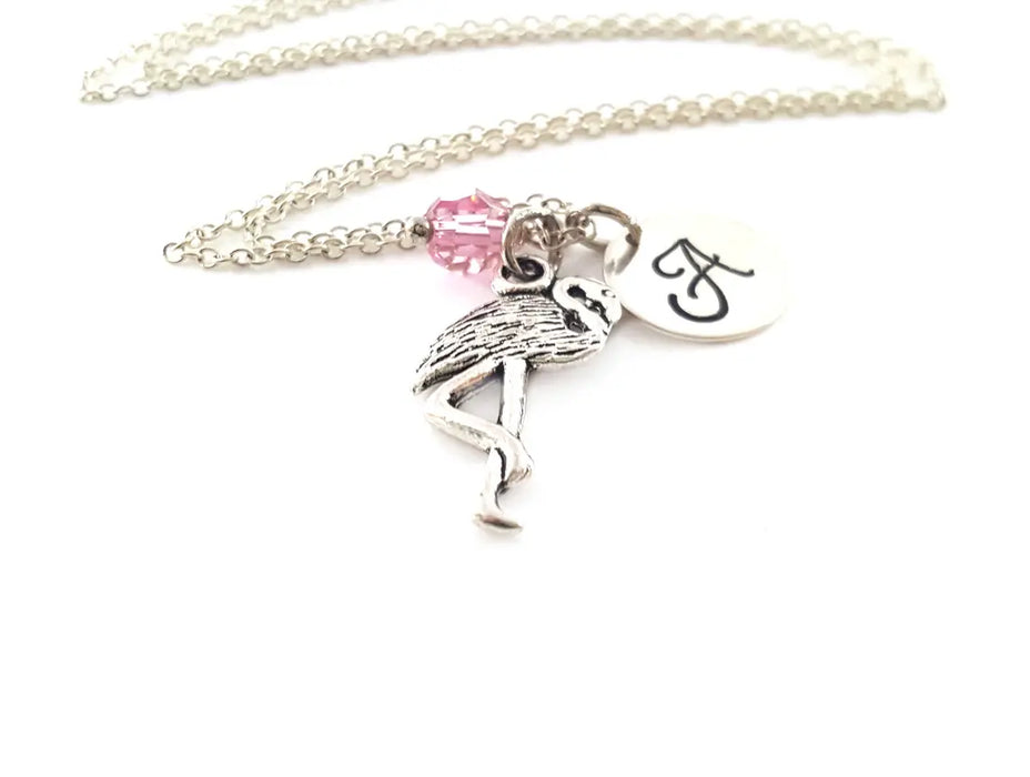 Flamingo Necklace – Sterling Silver with Birthstone & Initial Charm