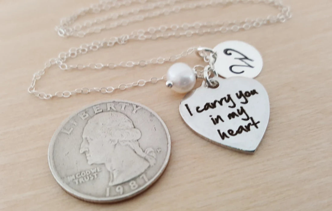 I Carry You in My Heart Necklace – Sterling Silver with Birthstone & Initial Charm