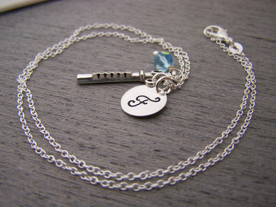 Flute Necklace – Sterling Silver with Birthstone & Initial Charm