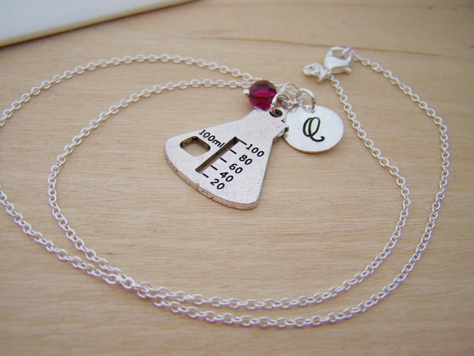 Chemistry Beaker Necklace – Sterling Silver with Birthstone & Initial Charm