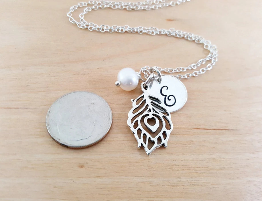 Peacock Feather Necklace – Sterling Silver with Birthstone & Initial Charm