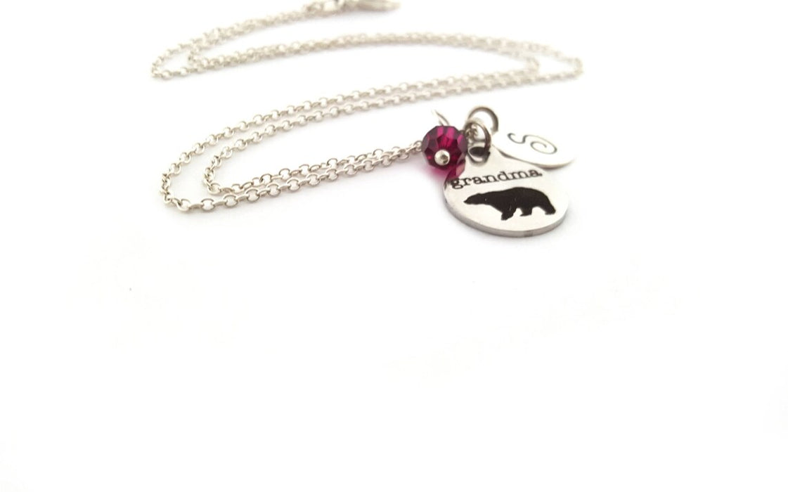 Grandma Bear Necklace – Sterling Silver with Birthstone & Initial Charm