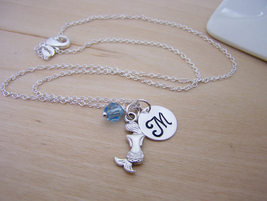 Mermaid Necklace – Sterling Silver with Birthstone & Initial Charm