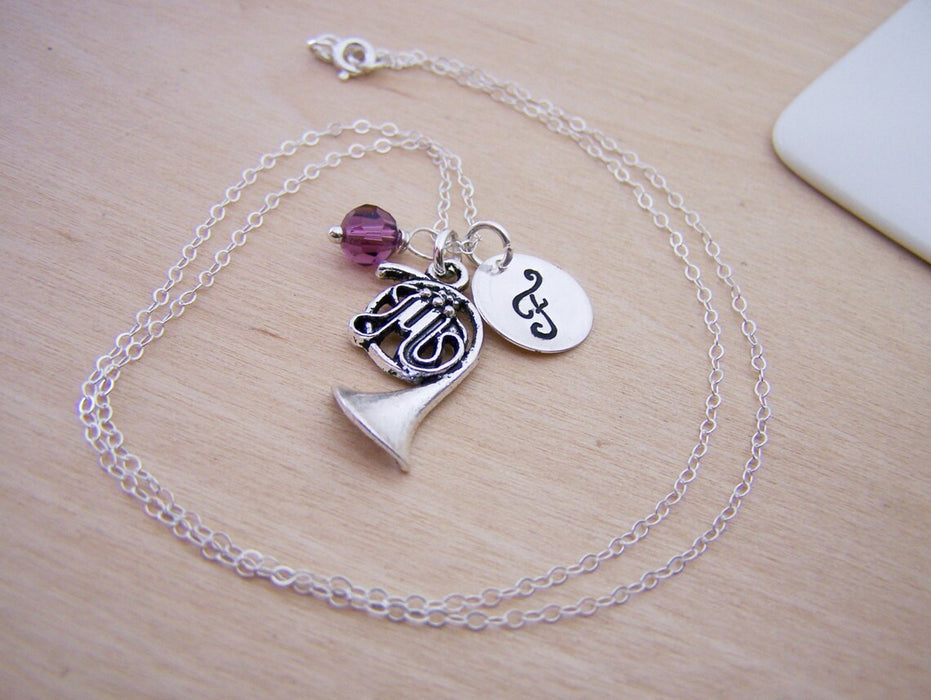 French Horn Necklace – Sterling Silver with Birthstone & Initial Charm