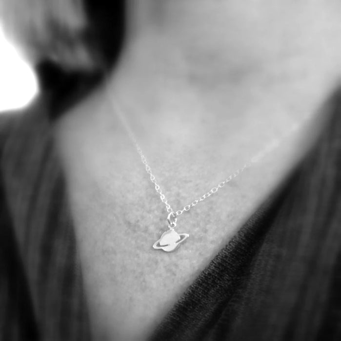 Tiny Saturn Necklace – Sterling Silver Planet with Ring Charm on 16" Chain