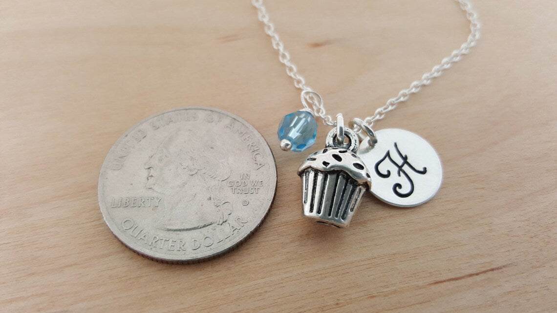 Cupcake Necklace – Sterling Silver with Birthstone & Initial Charm