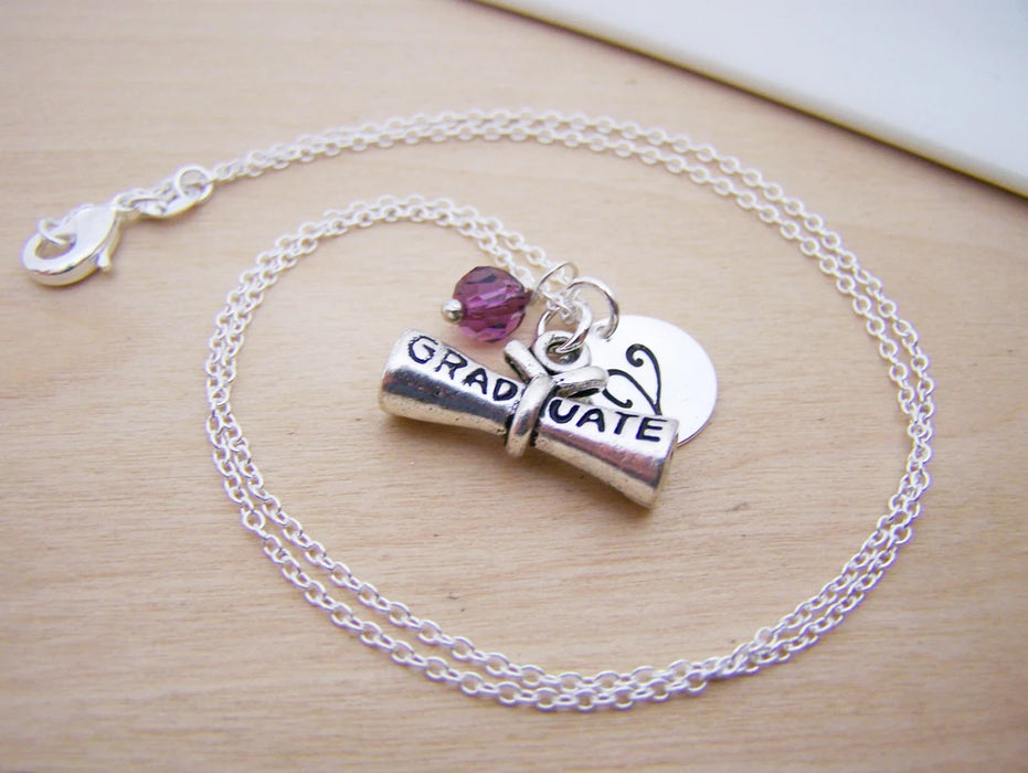 Graduation Diploma Necklace – Sterling Silver with Birthstone & Initial Charm