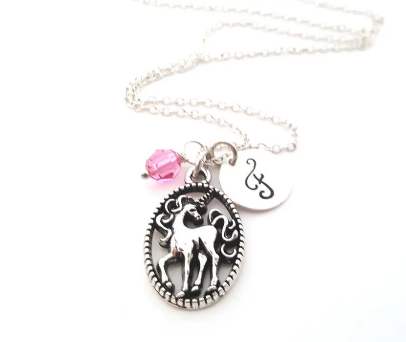 Unicorn Necklace – Sterling Silver with Birthstone & Initial Charm
