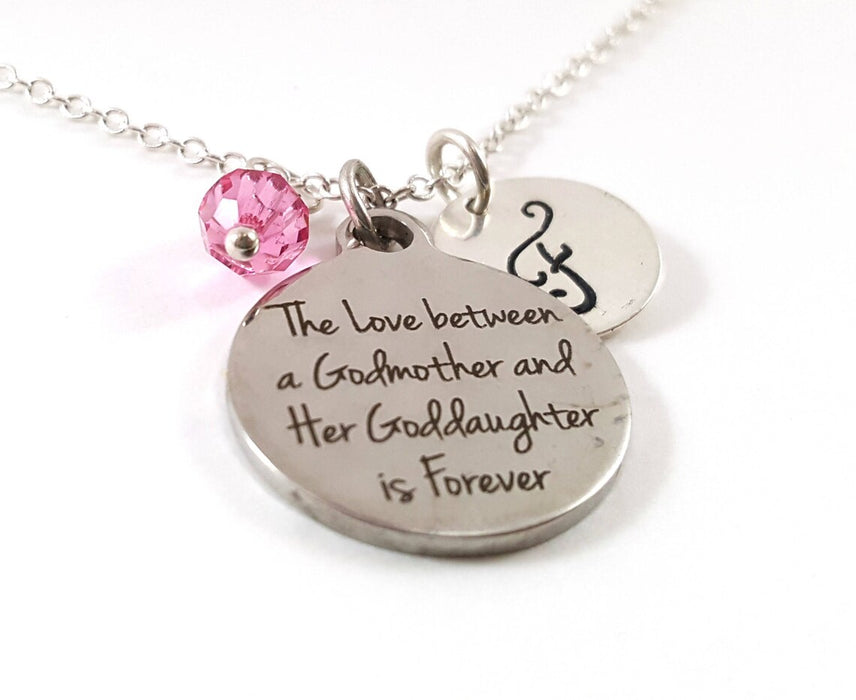 Godmother & Goddaughter Necklace – “The Love Between a Godmother and Her Goddaughter is Forever” – Sterling Silver with Birthstone & Initial