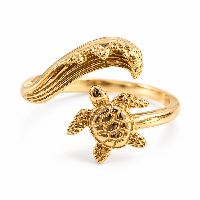 Bronze Sea Turtle and Wave Adjustable Ring – Ocean-Inspired Animal Jewelry