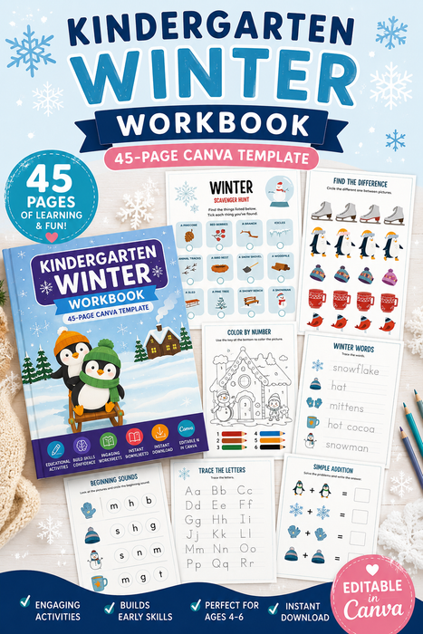 Kindergarten Winter Workbook | 45-Page Editable Canva Template