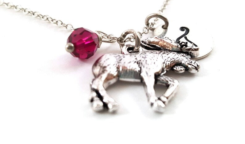 Personalized Moose Necklace – Moose Charm with Sterling Silver Chain, Birthstone & Initial