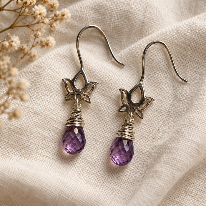 Amethyst Lotus Flower Earrings