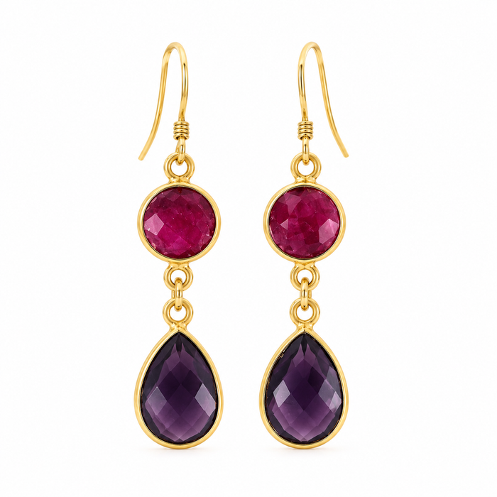 Dyed Ruby & Amethyst Gemstone Drop Earrings – 14k Gold Filled