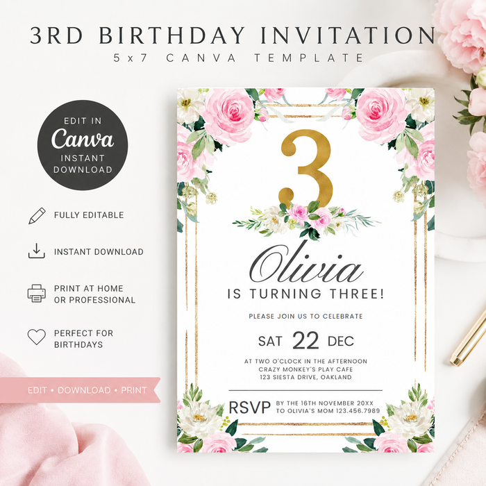 3rd Birthday Invitation Template | Pink Floral Birthday Invite | Editable Canva Template