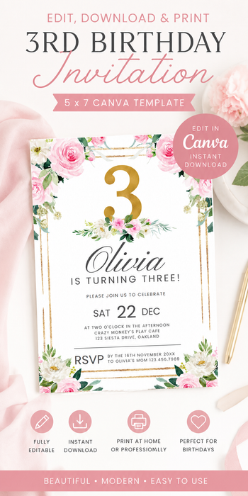 3rd Birthday Invitation Template | Pink Floral Birthday Invite | Editable Canva Template