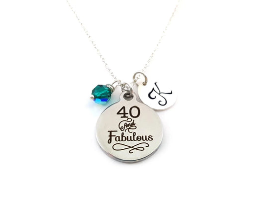 photo of A 40 and fabulous pendant on a chain with an initial K and a wire wrapped may birthstone