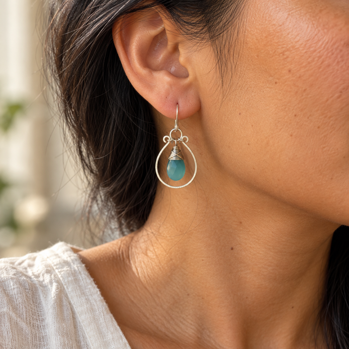 Blue Chalcedony & Hammered Sterling Silver Hoop Earrings