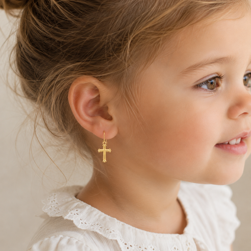 Close-up of a young girl wearing a gold cross earring.