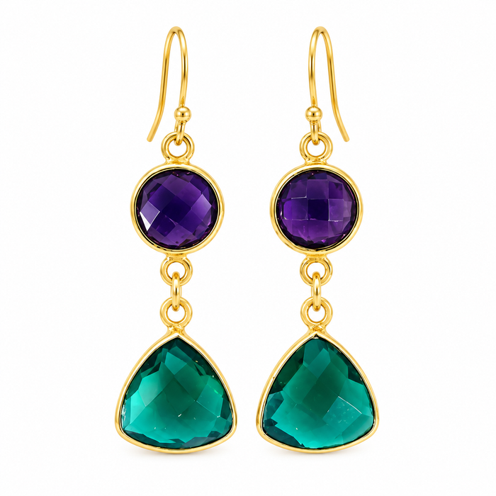 Amethyst & Green Hydro Quartz Bezel Drop Earrings