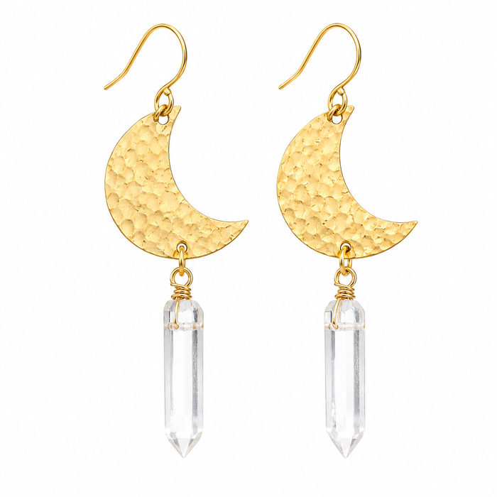 Gold Brass Crescent Moon Crystal Drop Earrings