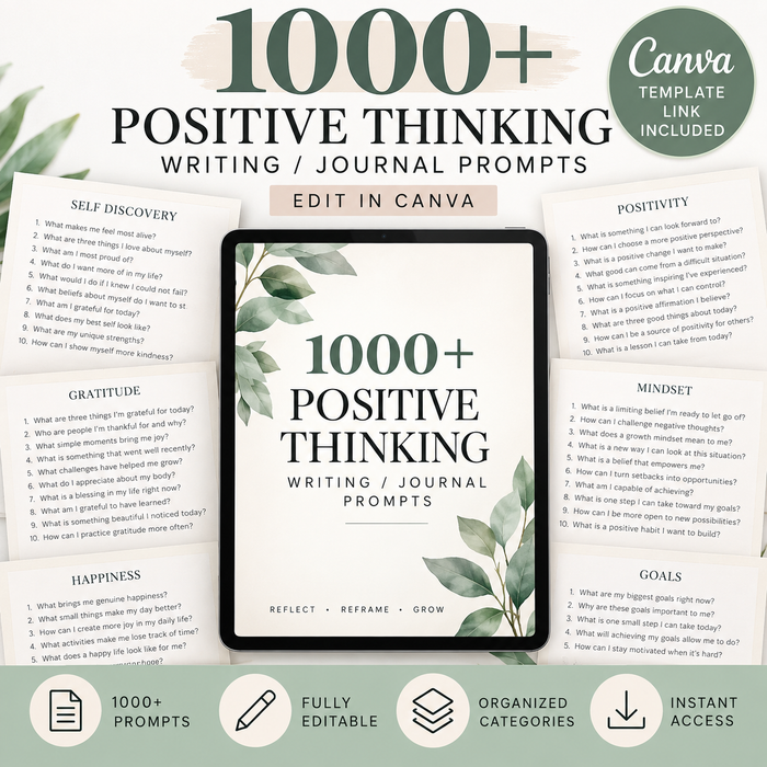 1000+ Positive Thinking Writing & Journal Prompts | Editable Canva Digital Download