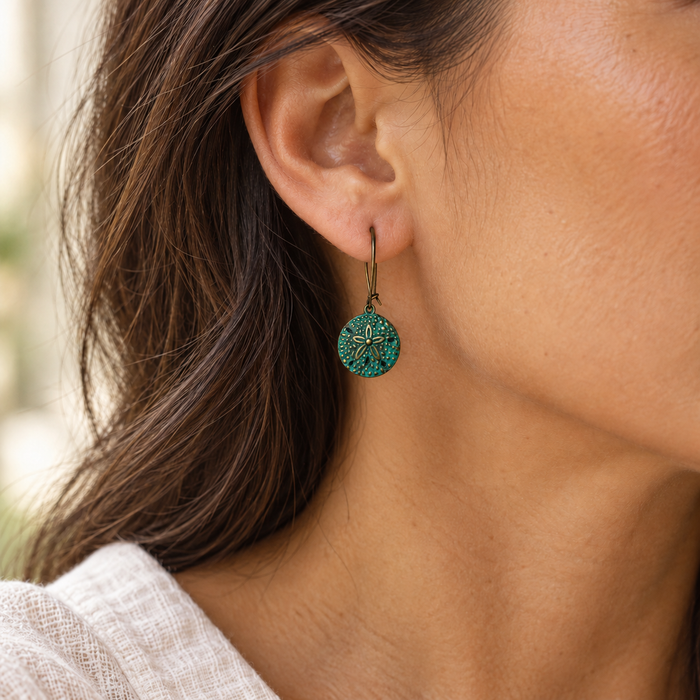 Teal Patina Brass Sand Dollar Earrings