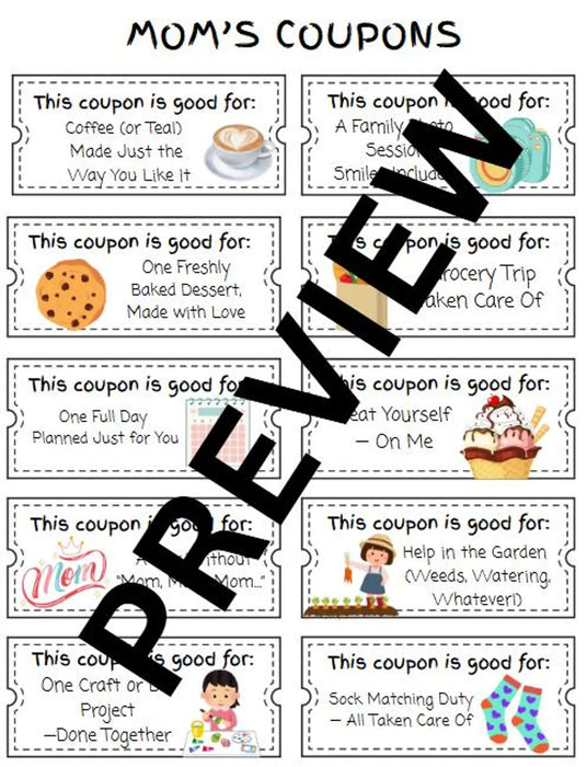 Editable mom coupon book with colorful, kid-friendly designs