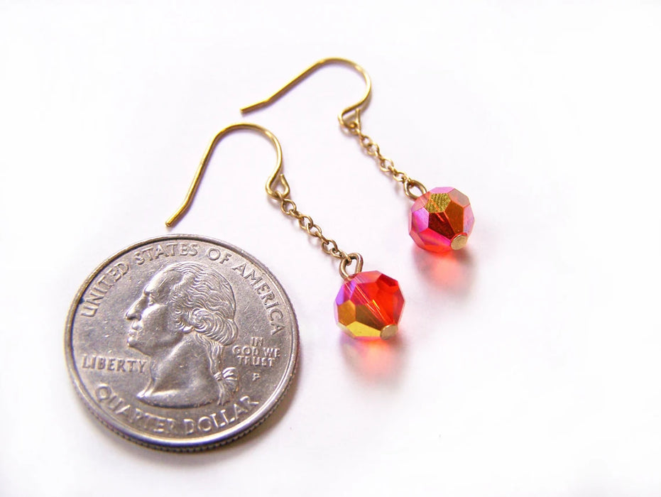 Dainty Red Swarovski Crystal Chain Dangle Gold Brass Earrings / Gift for Her