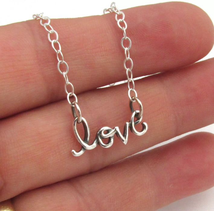 Love Script Necklace – Sterling Silver, 16" Dainty Chain