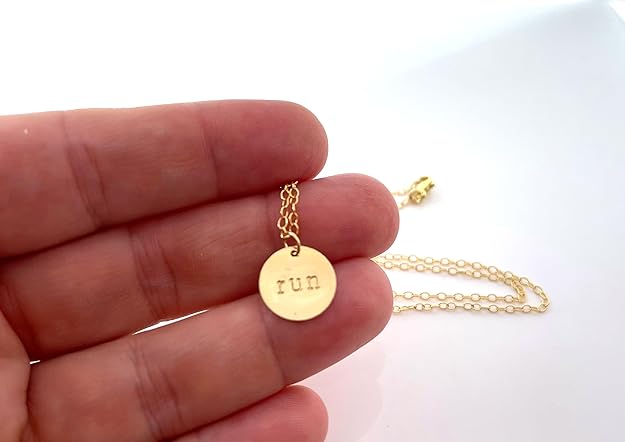 Hand Stamped “Run” Charm – 14k Gold Filled Disc Pendant – Fitness Jewelry for Runners