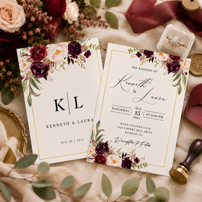 Burgundy Blush Floral Wedding Invitation Template
