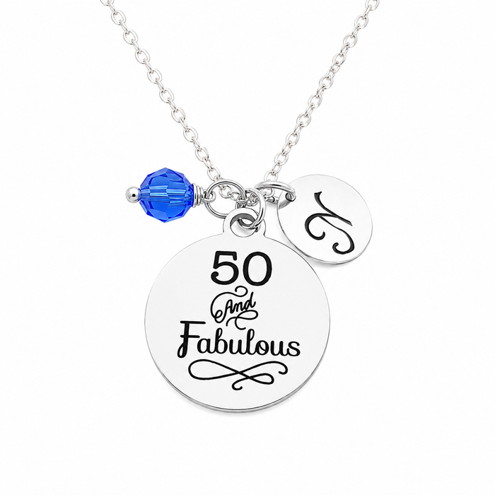 50 and Fabulous Charm Necklace – Birthday Gift with Swarovski Birthstone & Initial | Personalized Jewelry for Her