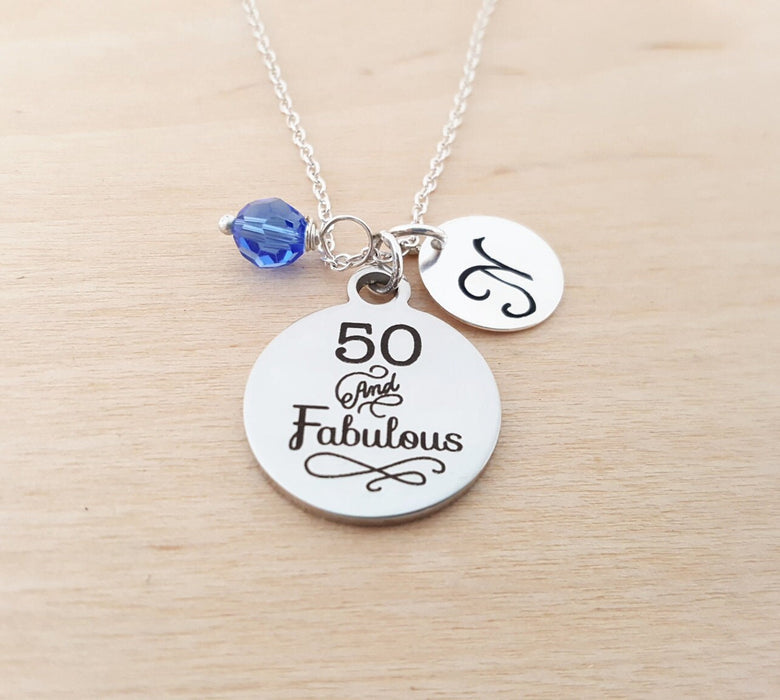 50 and Fabulous Charm Necklace – Birthday Gift with Swarovski Birthstone & Initial | Personalized Jewelry for Her